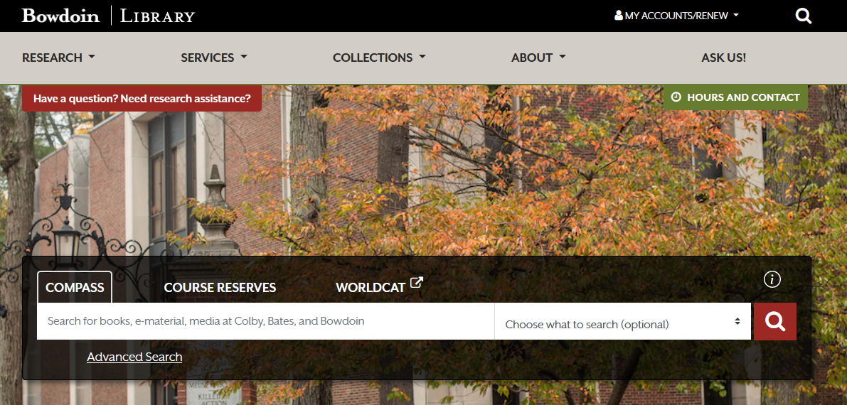 The top of the Bowdoin College Library website